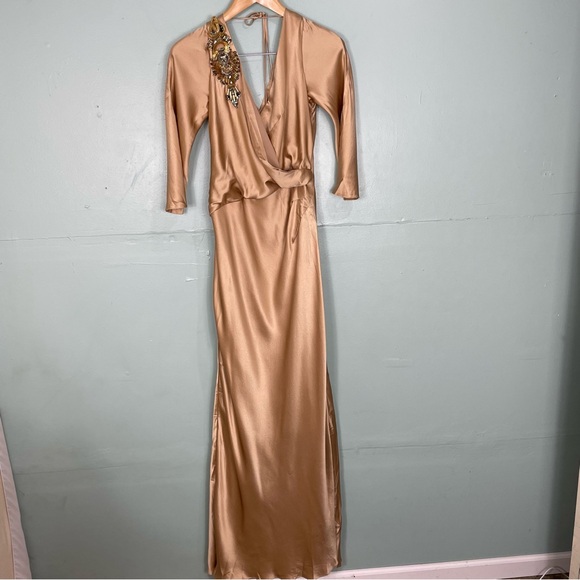 Alberta Ferretti Limit Edition Dress Satin Champagne Gold Maxi Dress Size 10